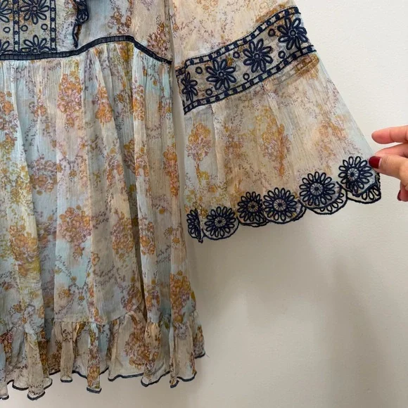 Free People Country Roads Mini Dress Lightweight Embroidered Ruffle Blue Size XS - Picture 7 of 11